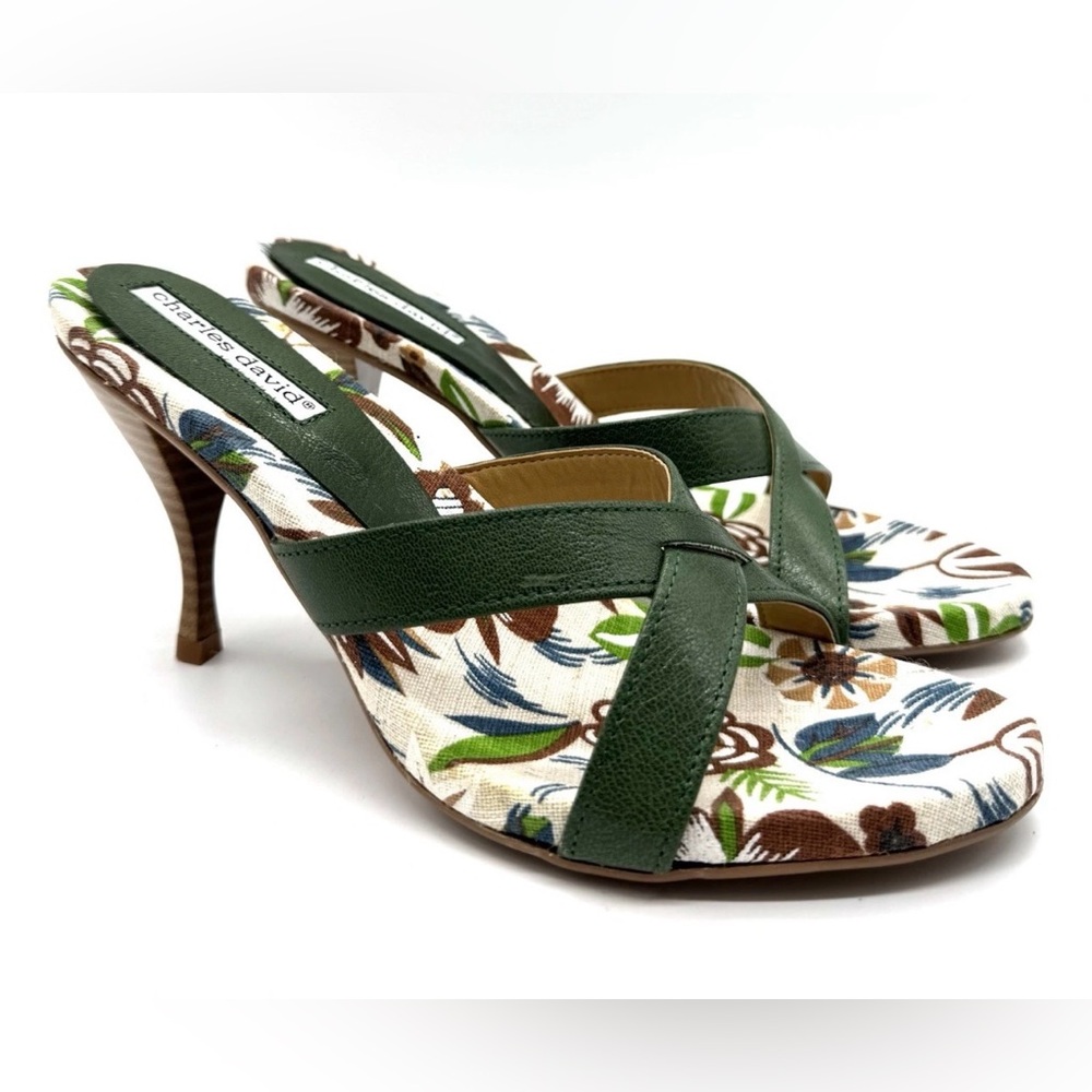 Charles David Floral Heeled Sandals Green Leather Strappy Mule Size 8 NEW